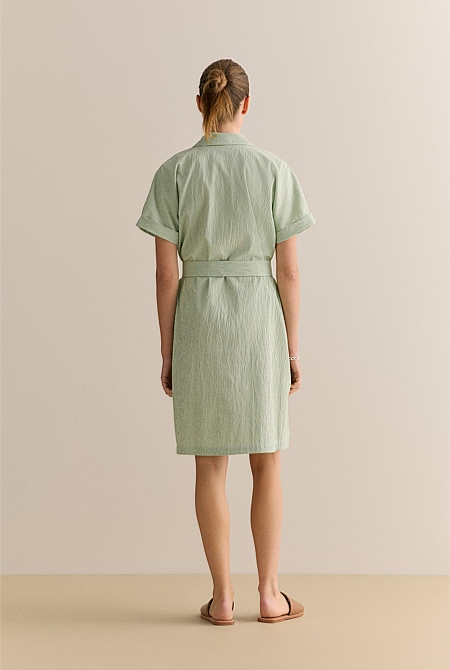 Yarn Dyed Seersucker Short Sleeve Shirt Dress