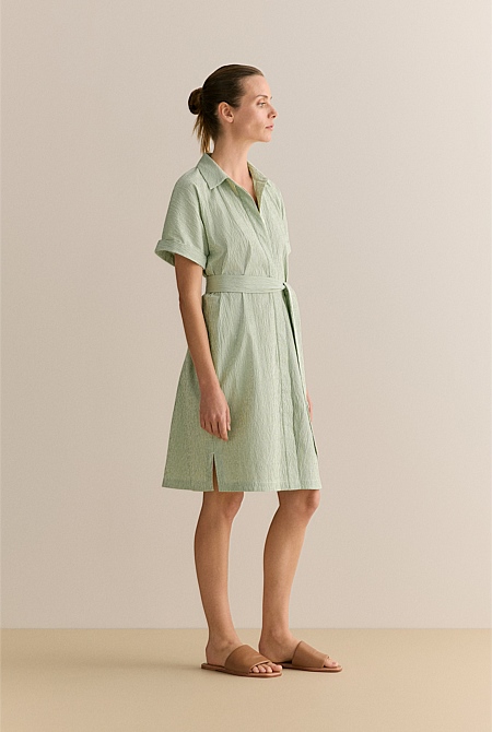 Yarn Dyed Seersucker Short Sleeve Shirt Dress