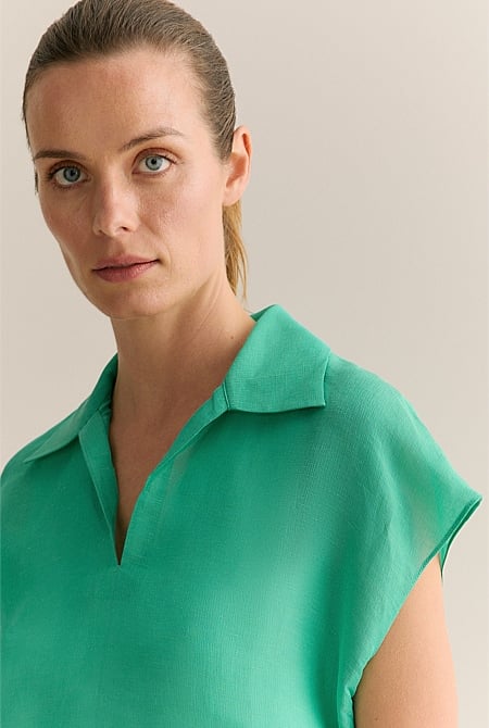 Linen Silk Crosshatch Collared Top