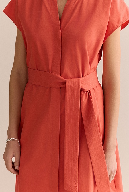 Cotton Poplin Cap Sleeve Belted Dress