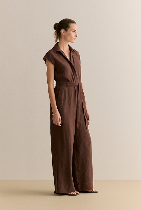 Linen Collared Wide Leg Jumpsuit