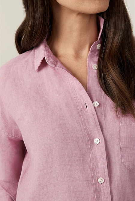 Mauve Pink Linen Delave Oversized Shirt - WOMEN Shirts | Trenery