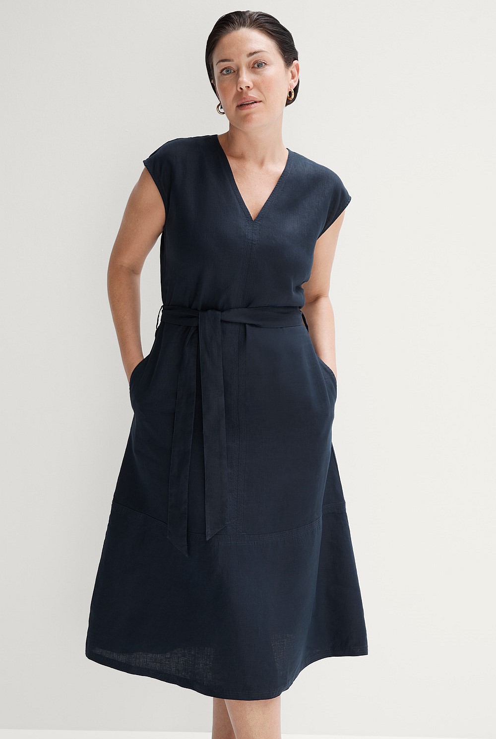 Linen V Neck Stitch Detail Dress