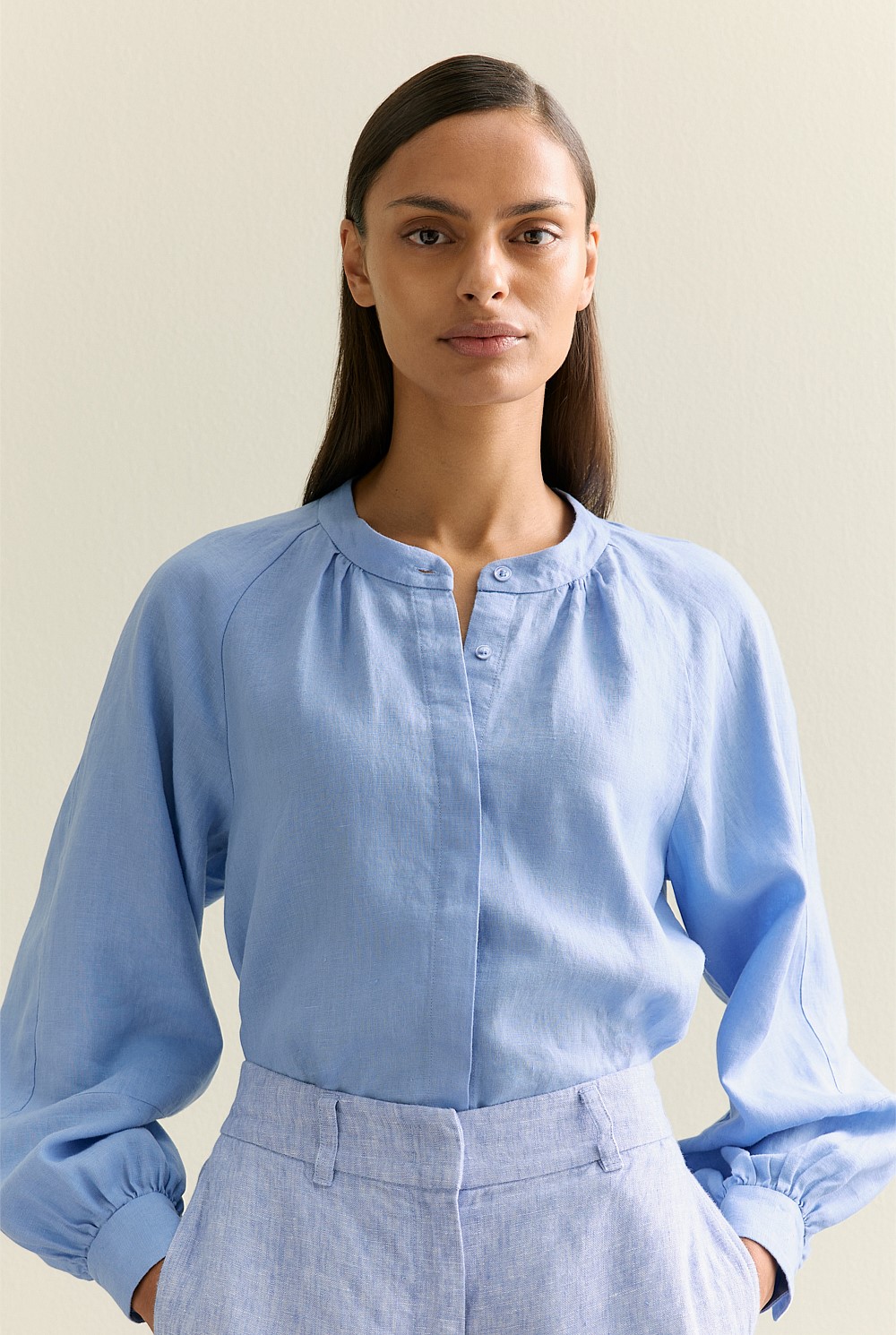 Linen Collarless Blouson Sleeve Blouse