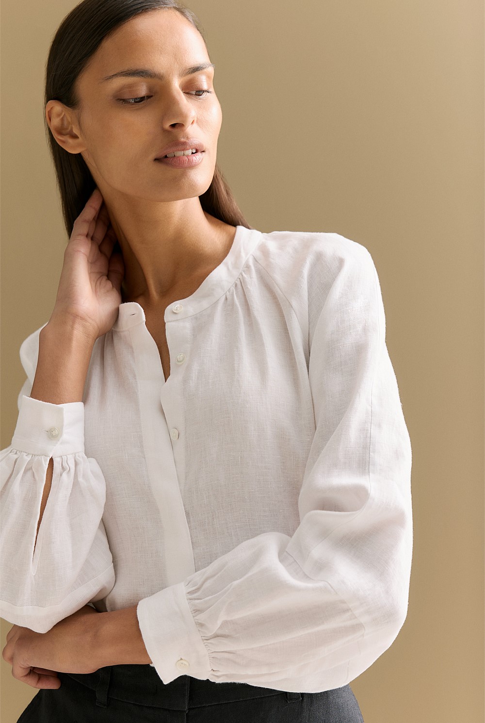 Linen Collarless Blouson Sleeve Blouse