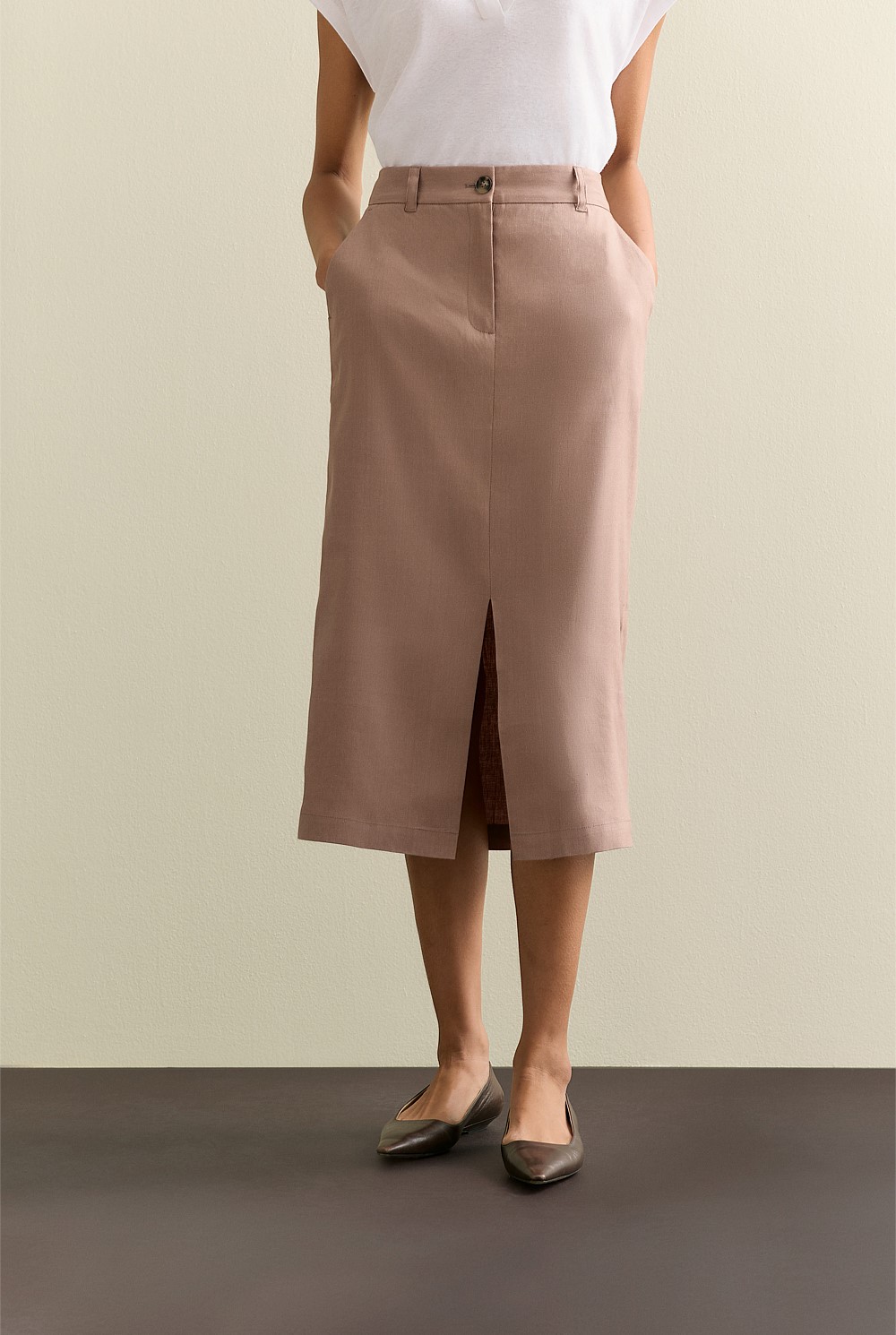 Stretch Linen Blend Pencil Skirt