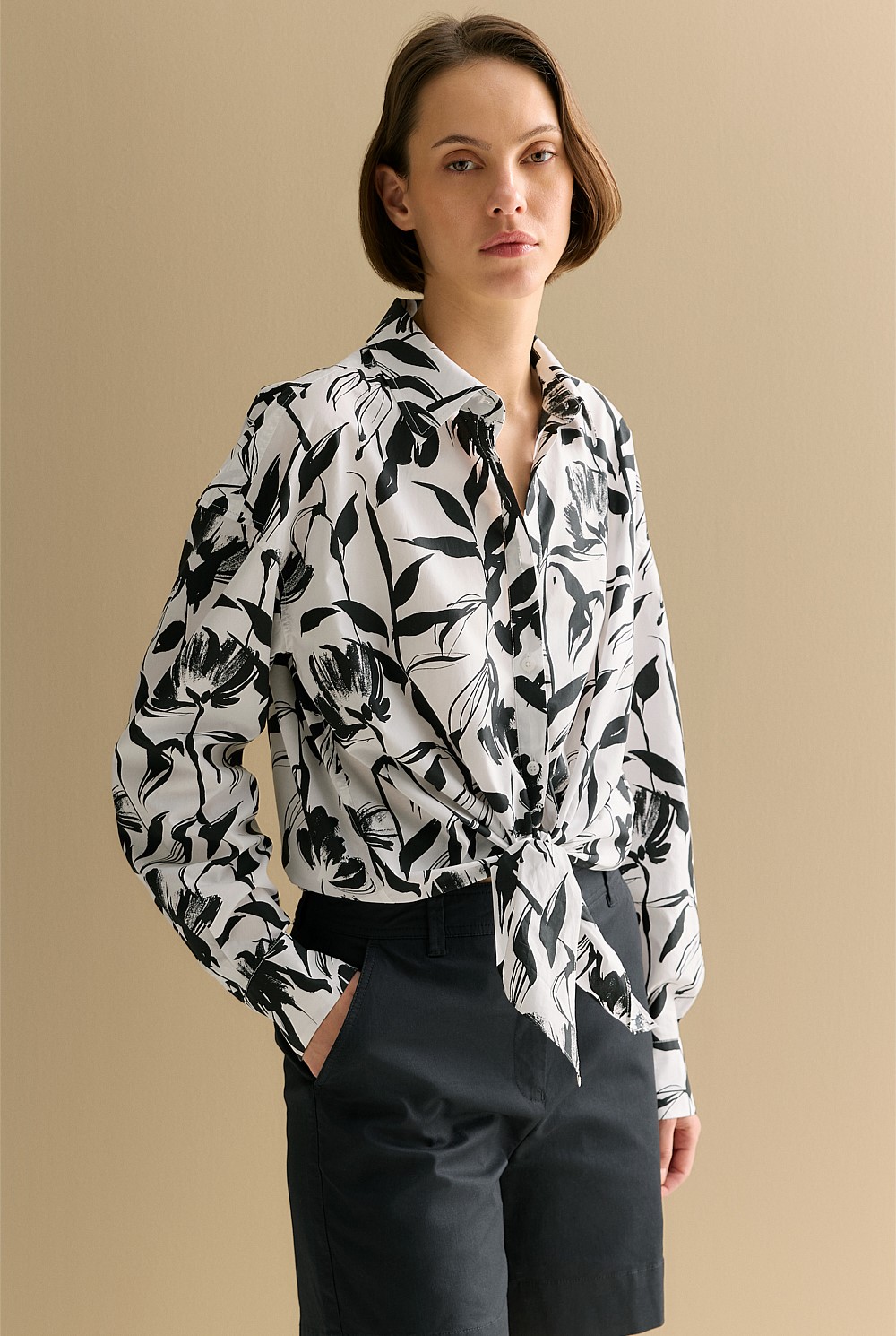 Cotton Poplin Floral Tie Front Shirt