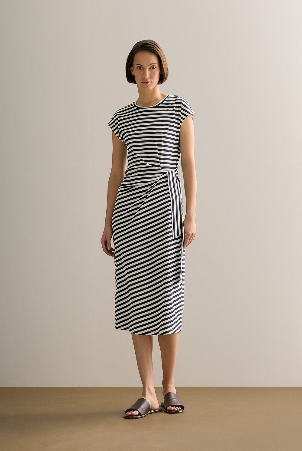 Cotton Stripe Gathered Tie Waist Dress