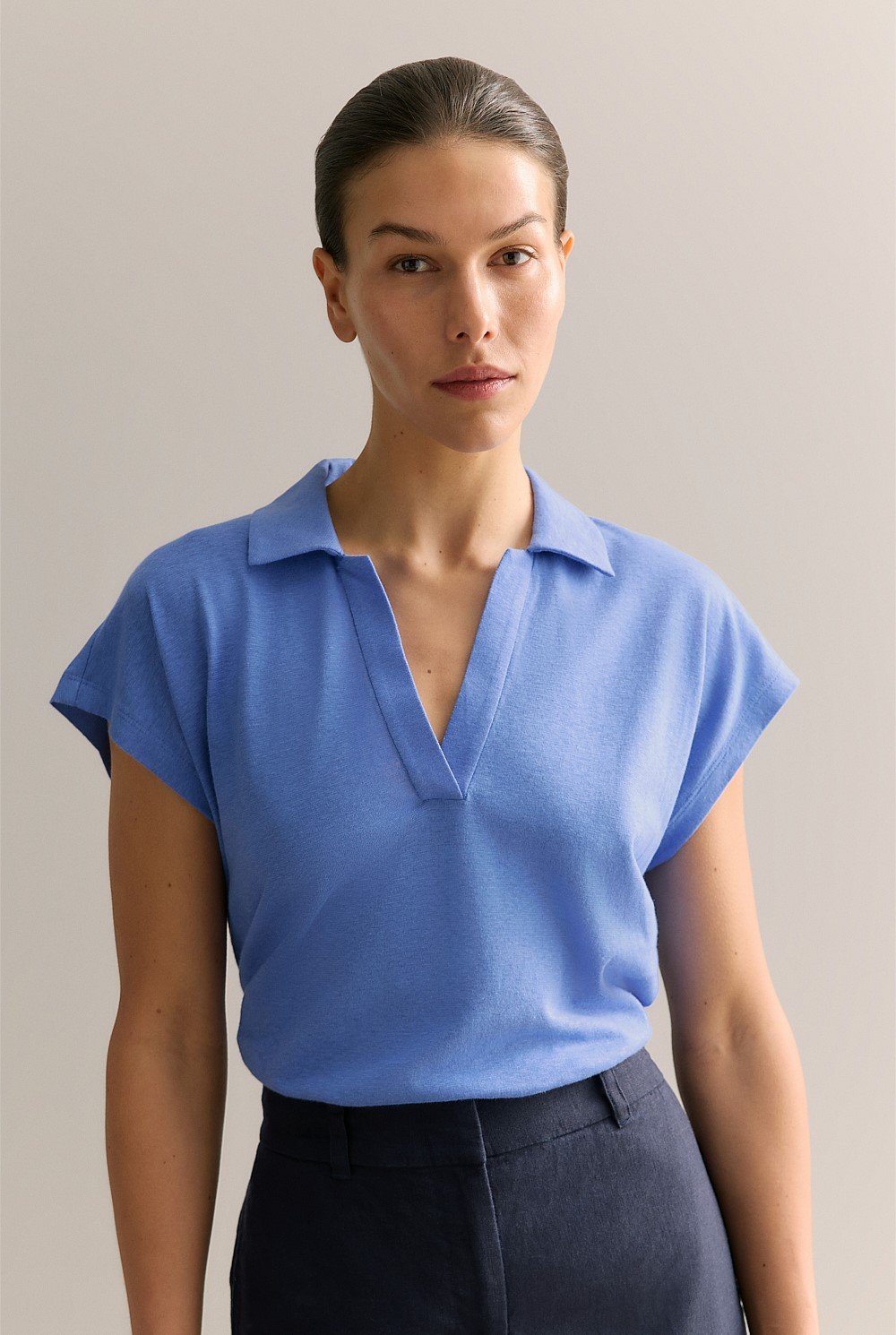 Linen Cotton V Neck Polo