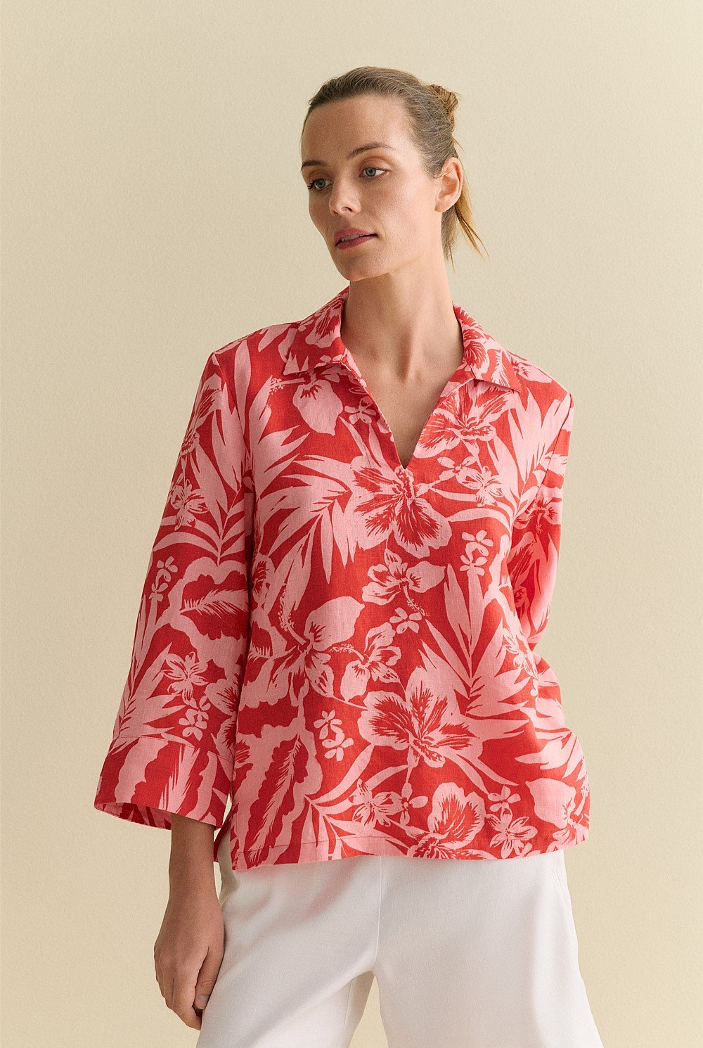 Linen Hibiscus Relaxed Popover Shirt