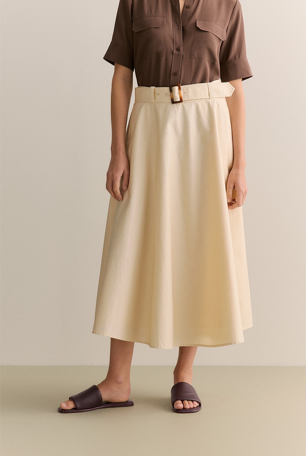 Cotton Sateen Belted Midi Skirt