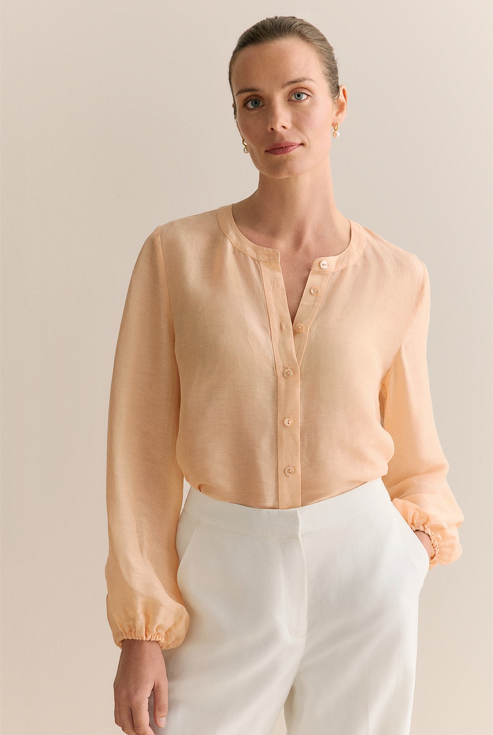 Linen Silk Collarless Long Sleeve Blouse