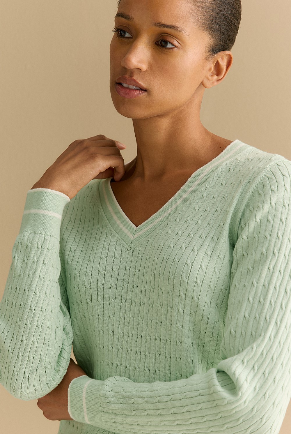 Cotton Cashmere Cable Tipped V Neck Knit