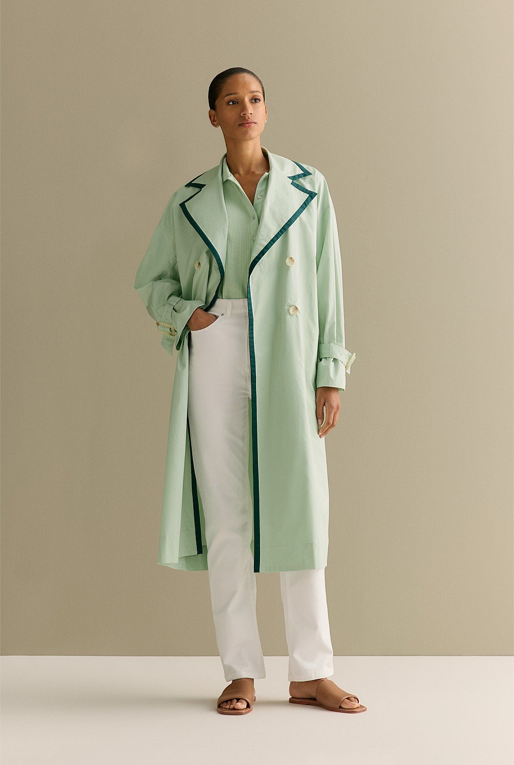 Cotton Sateen Contrast Trim Trench Coat