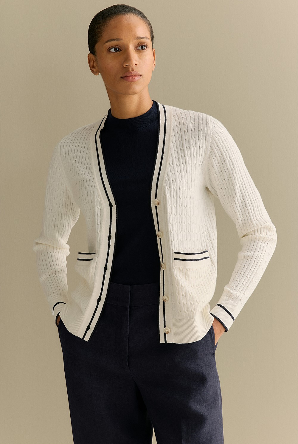 Cotton Cashmere Cable Tipped Cardigan