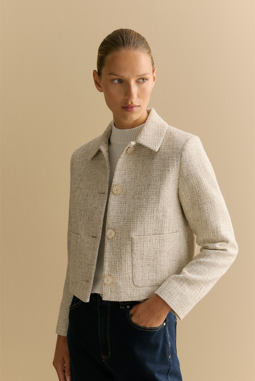 Yarn Dyed Tweed Cropped Jacket