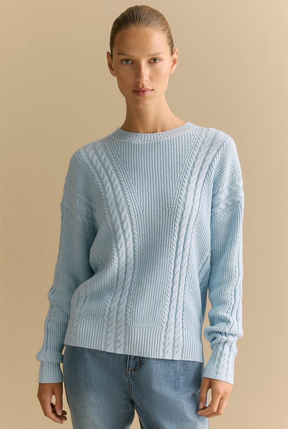 Cotton Cashmere Mixed Cable Crew Knit