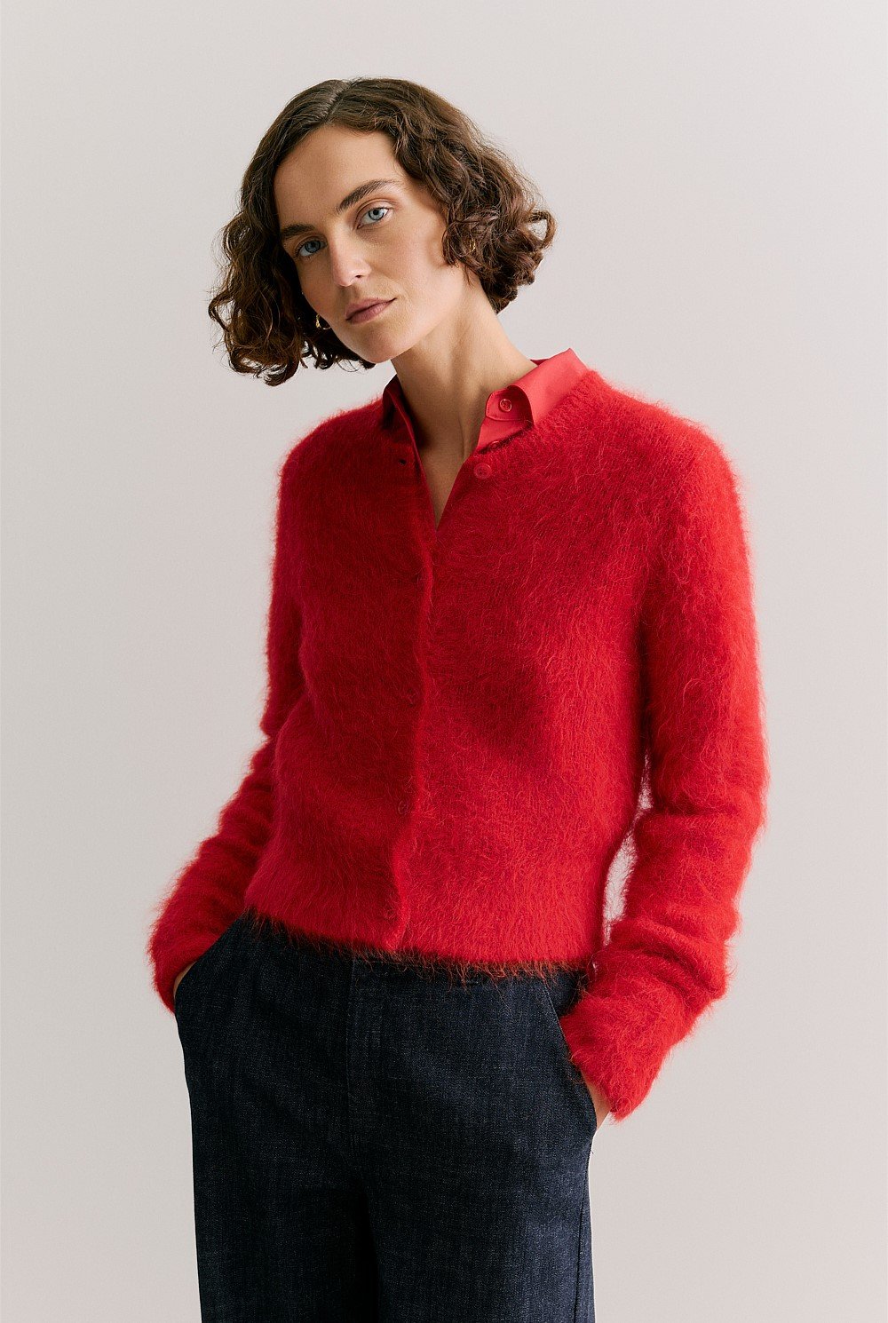 Alpaca Blend Cropped Crew Cardigan