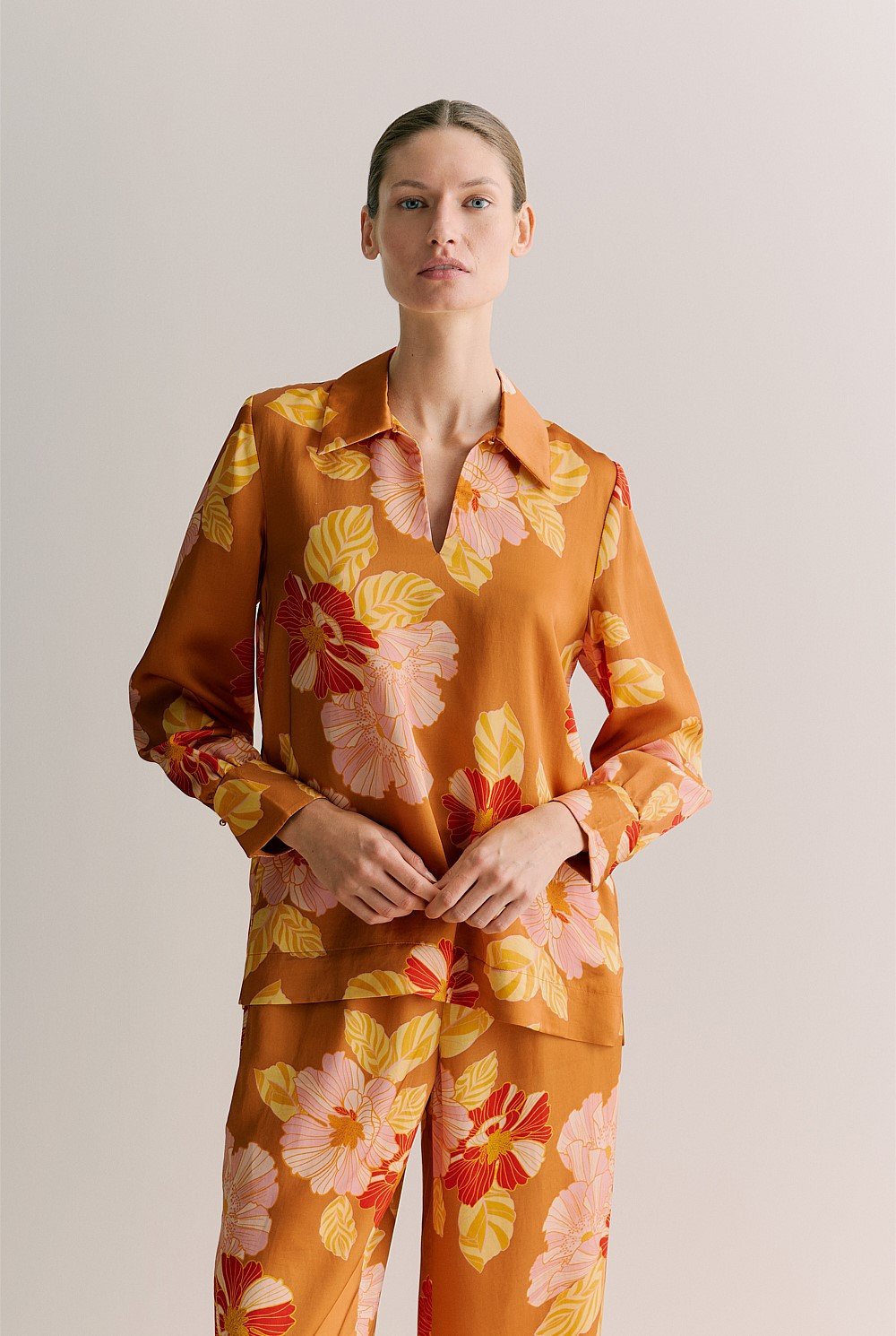 Satin Peony Print Relaxed Blouse