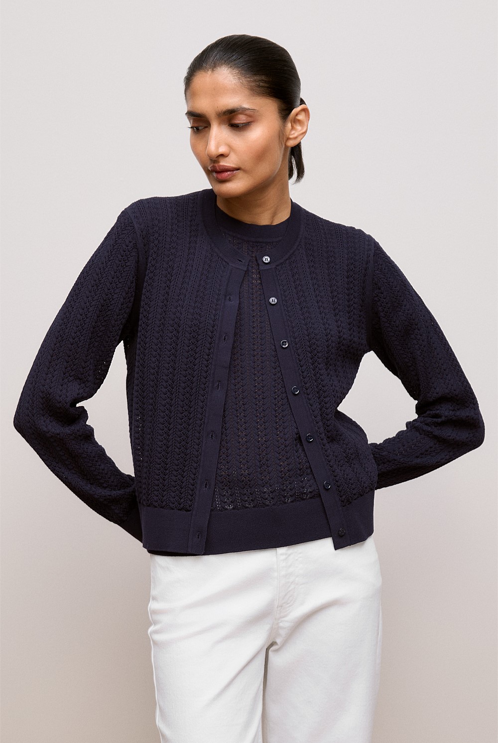 Mercerised Cotton Pointelle Knit Cardigan