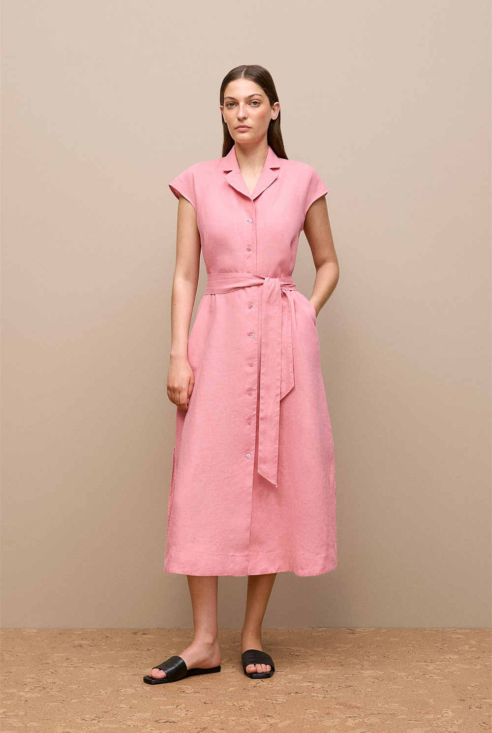 Linen Cap Sleeve Shirt Dress