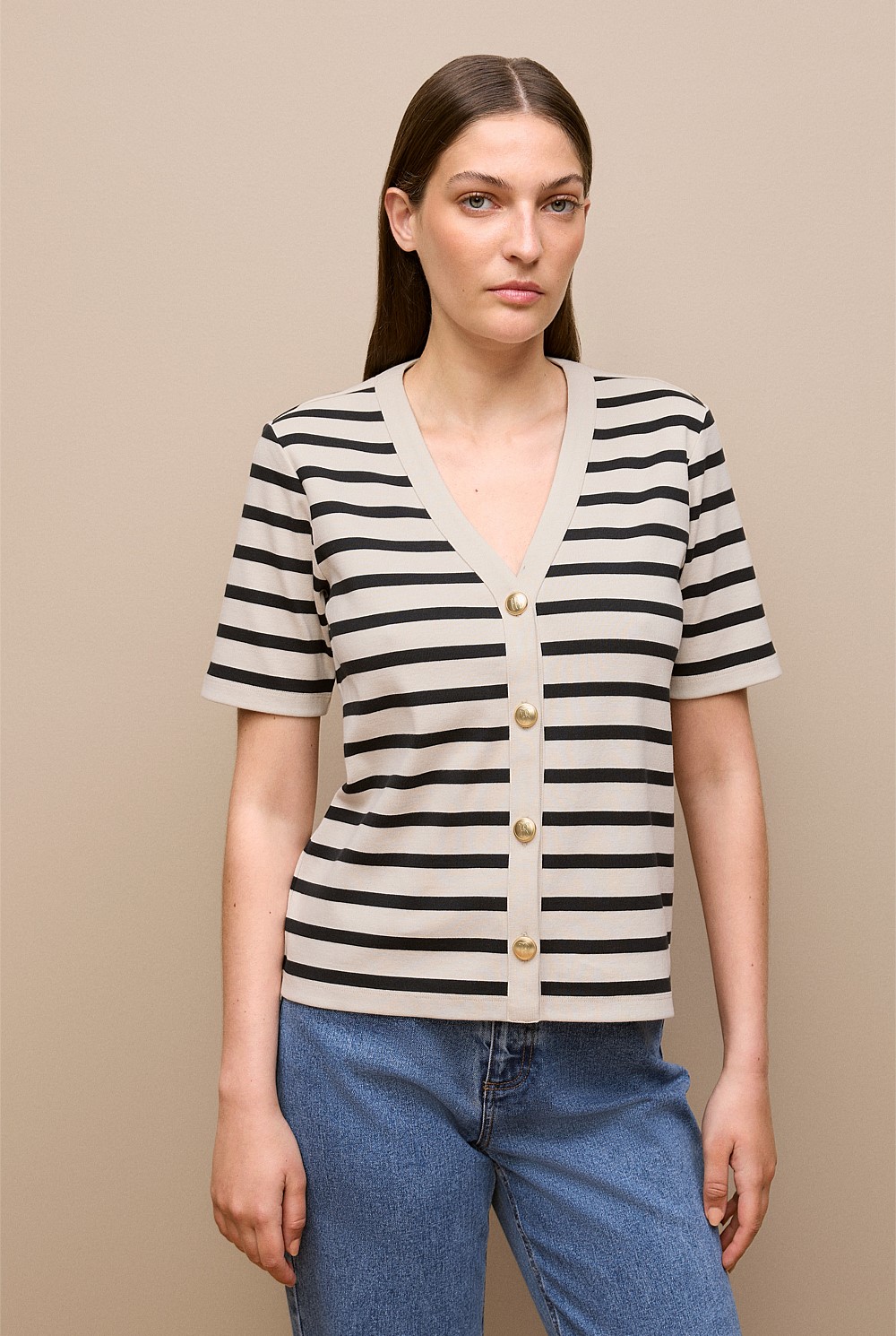 Stripe Rib Button Through Top