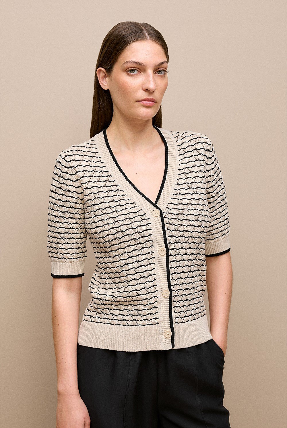 Pointelle Stripe Short Sleeve Cardigan