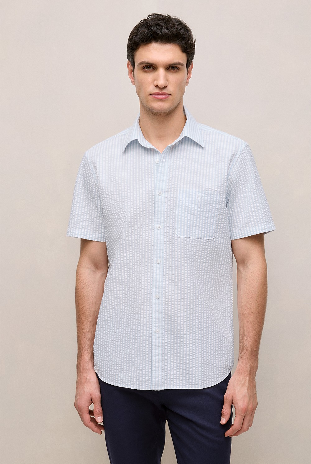 Regular Fit Seersucker Stripe Pocket Shirt