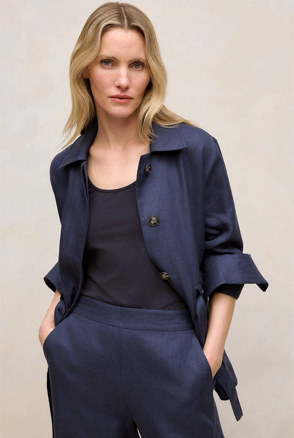 Linen Pocket Detail Belted Jacket