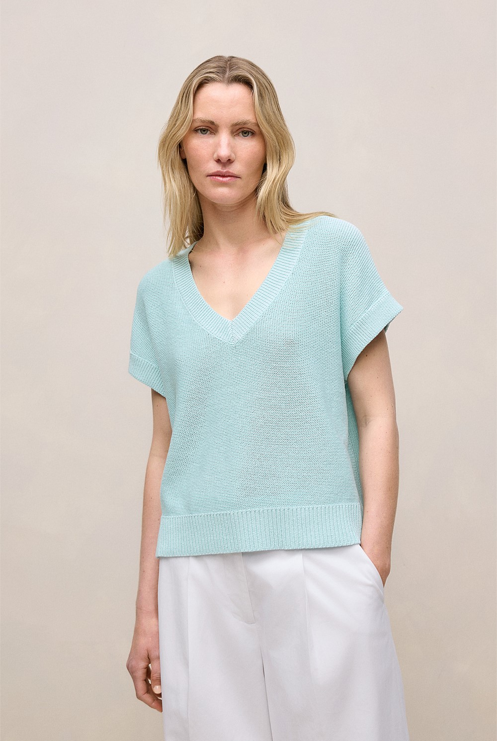 Mercerised Cotton Relaxed V Neck Knit