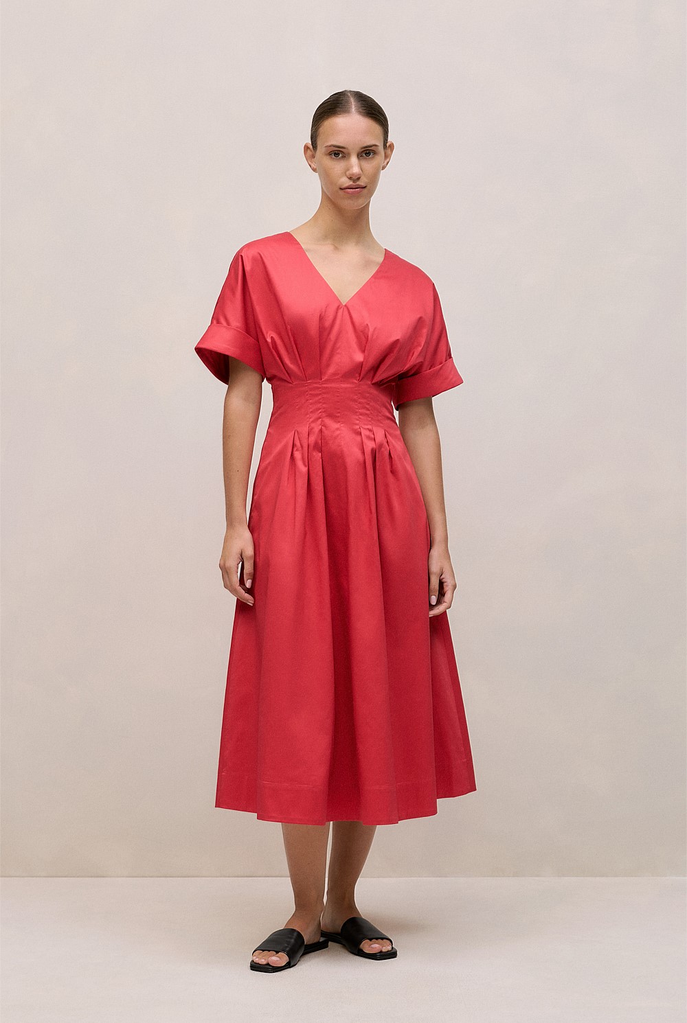 Cotton Sateen Pleat Waist Dress