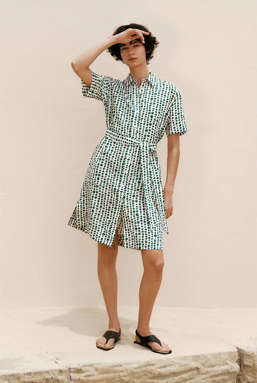 Brush Spot Linen Shirt Dress