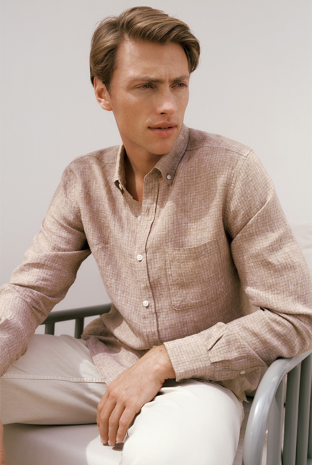 Regular Fit Yarn Dyed Linen Grid Shirt
