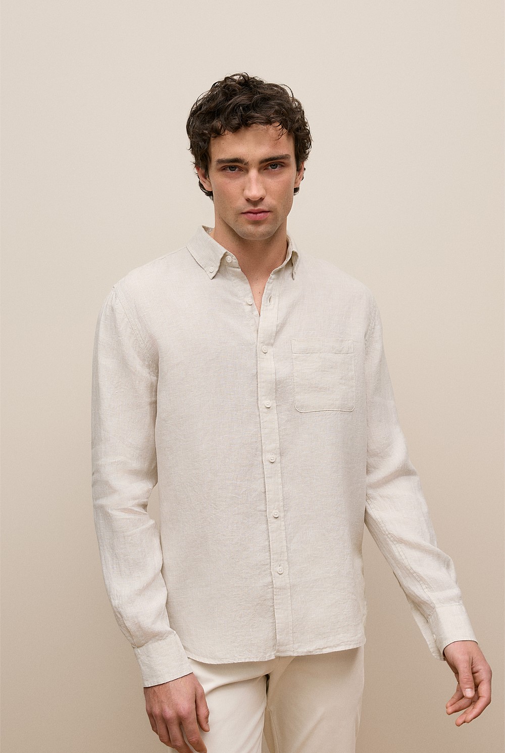 Regular Fit Linen Micro Check Long Sleeve Shirt