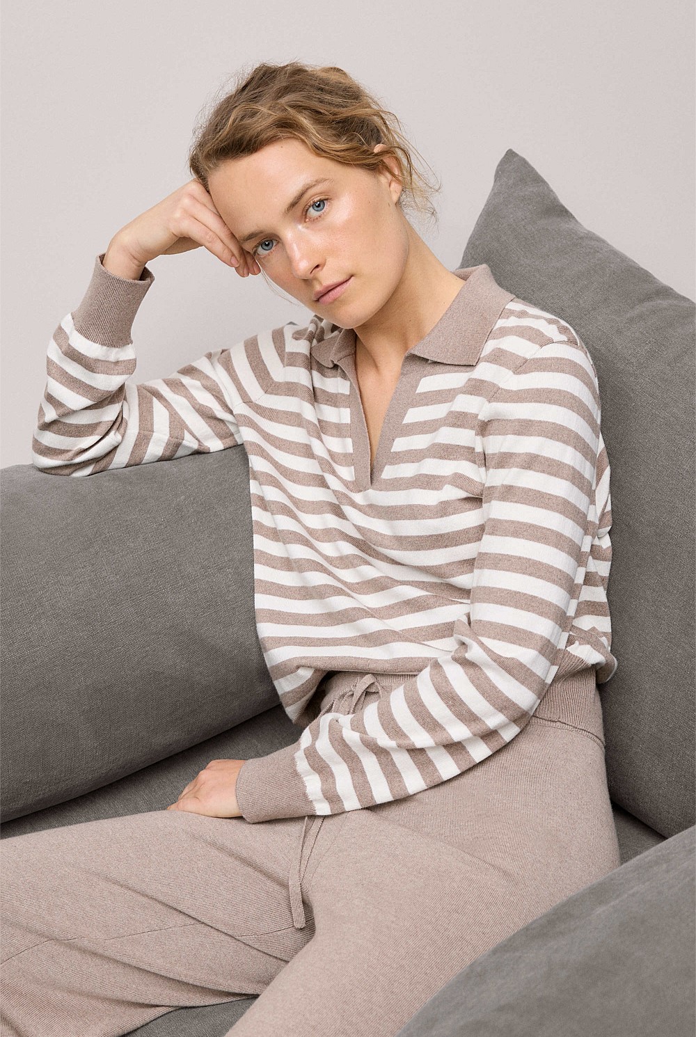 Cotton Cashmere Stripe Knit Polo