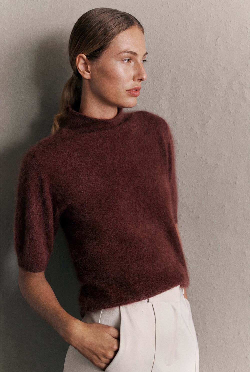 Brushed Cashmere Mock Neck T-Shirt
