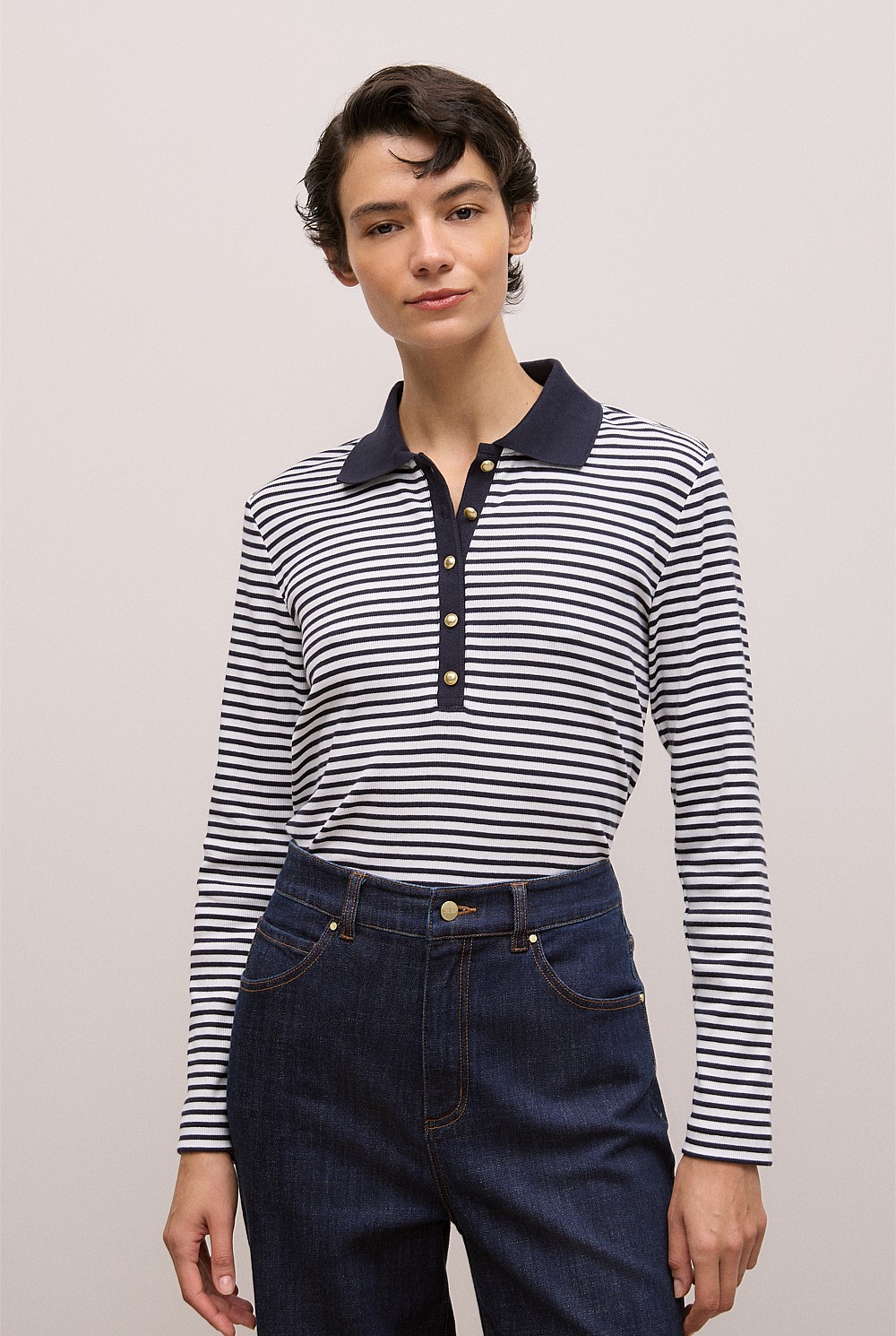 Cotton Stripe Button Detail Polo