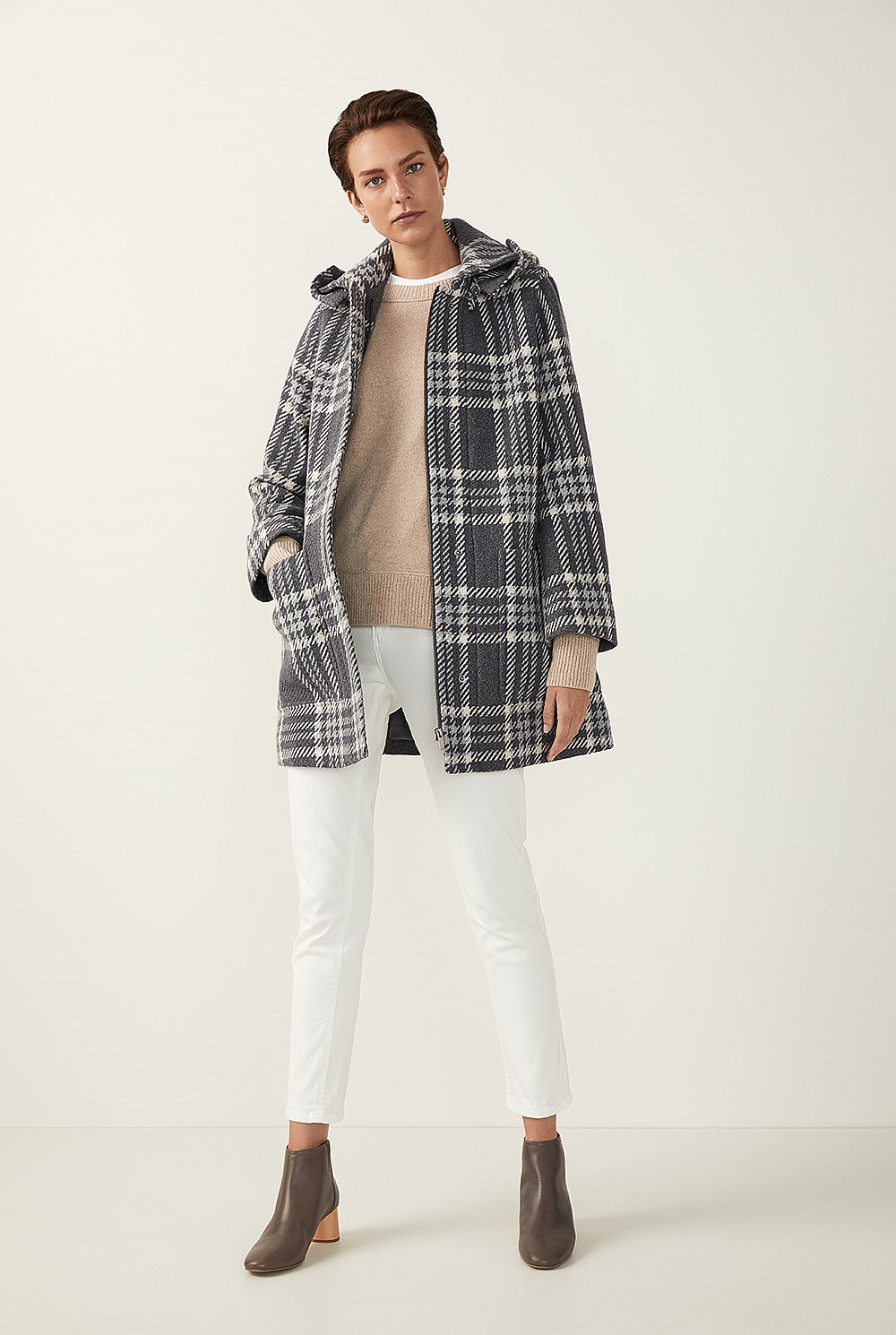 Check Wool Blend Duffle Coat