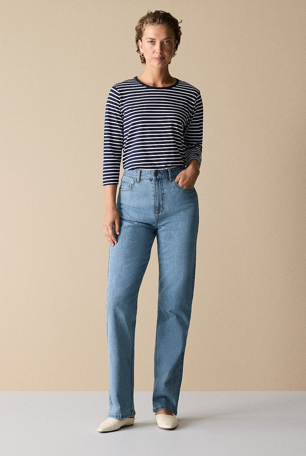 Organically Grown Cotton Stripe 3/4 Sleeve T-shirt