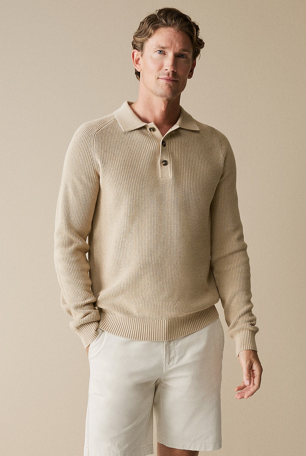 Cotton Rib Knit Long Sleeve Polo