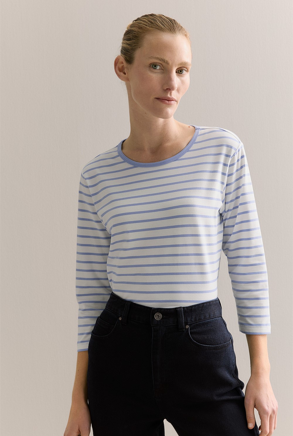 Cotton Stripe 3/4 Sleeve T-shirt