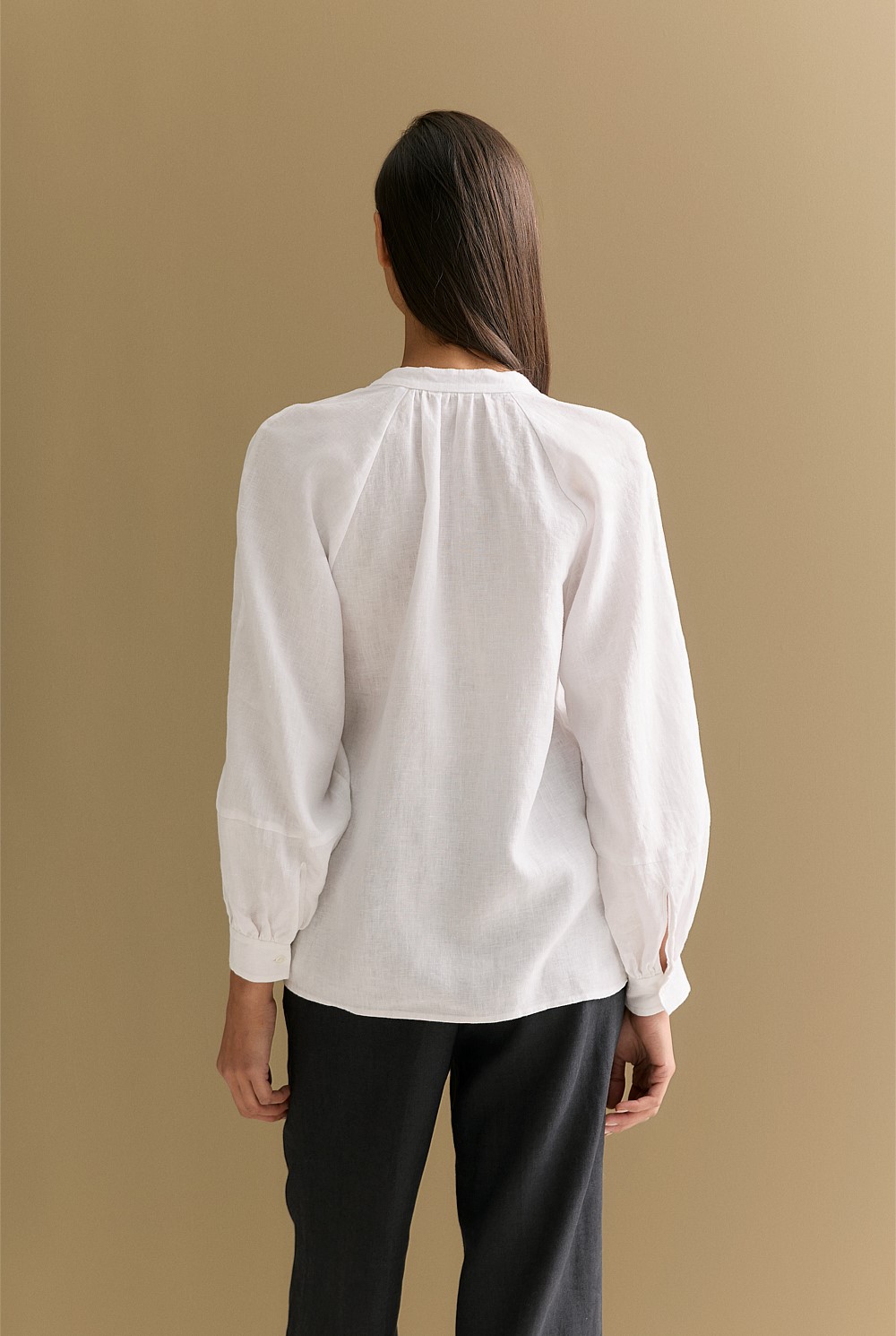 Linen Collarless Blouson Sleeve Blouse