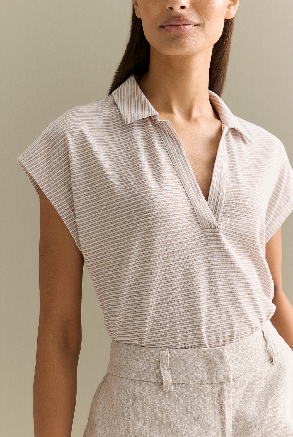 Linen Cotton Stripe Relaxed Cap Sleeve Polo