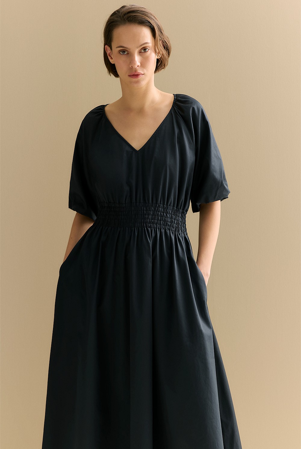 Cotton Sateen Shirred Waist Dress