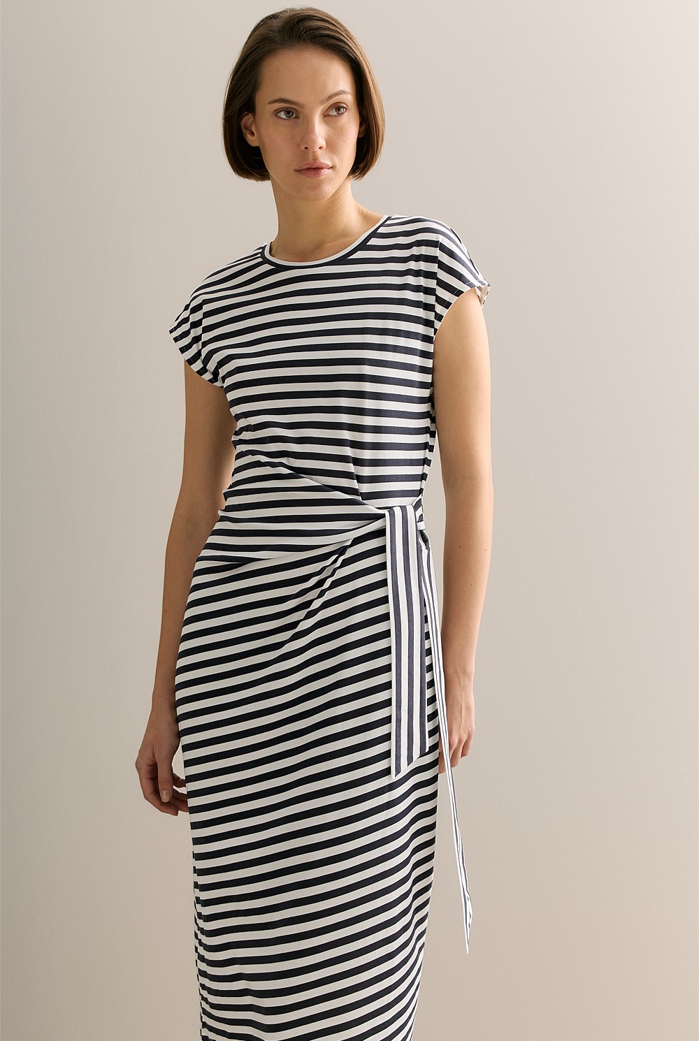 Cotton Stripe Gathered Tie Waist Dress