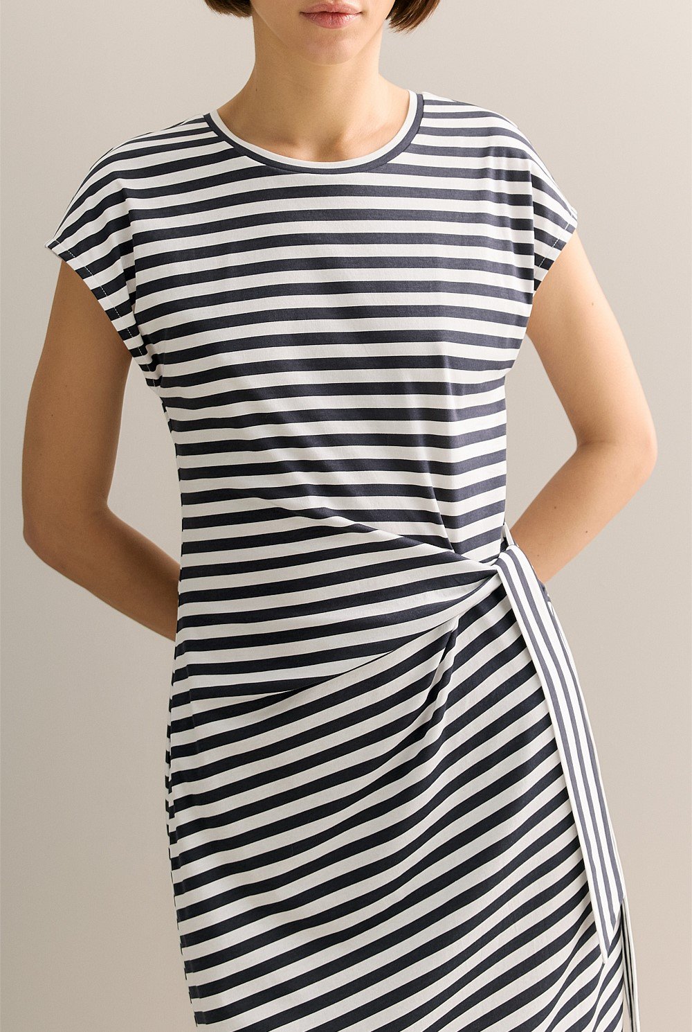 Cotton Stripe Gathered Tie Waist Dress