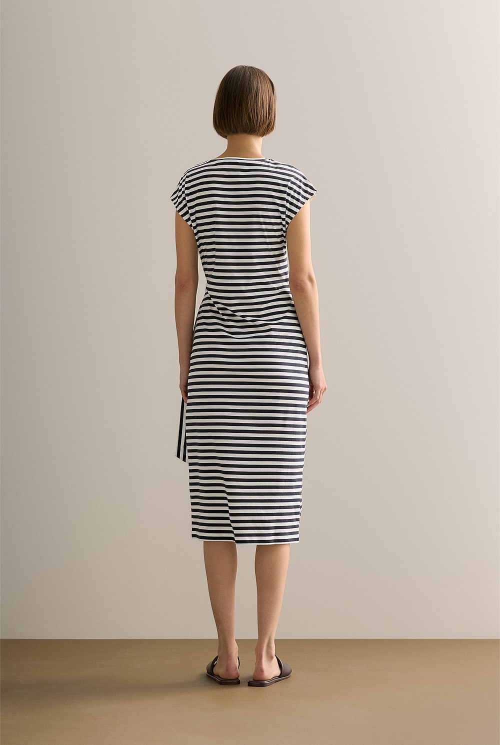 Cotton Stripe Gathered Tie Waist Dress