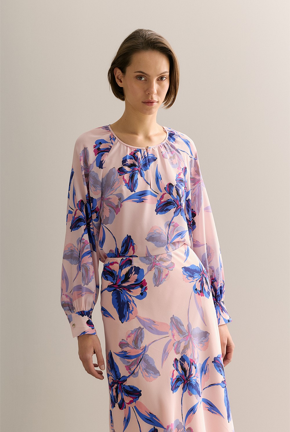 Silk Floral Collarless Raglan Blouse