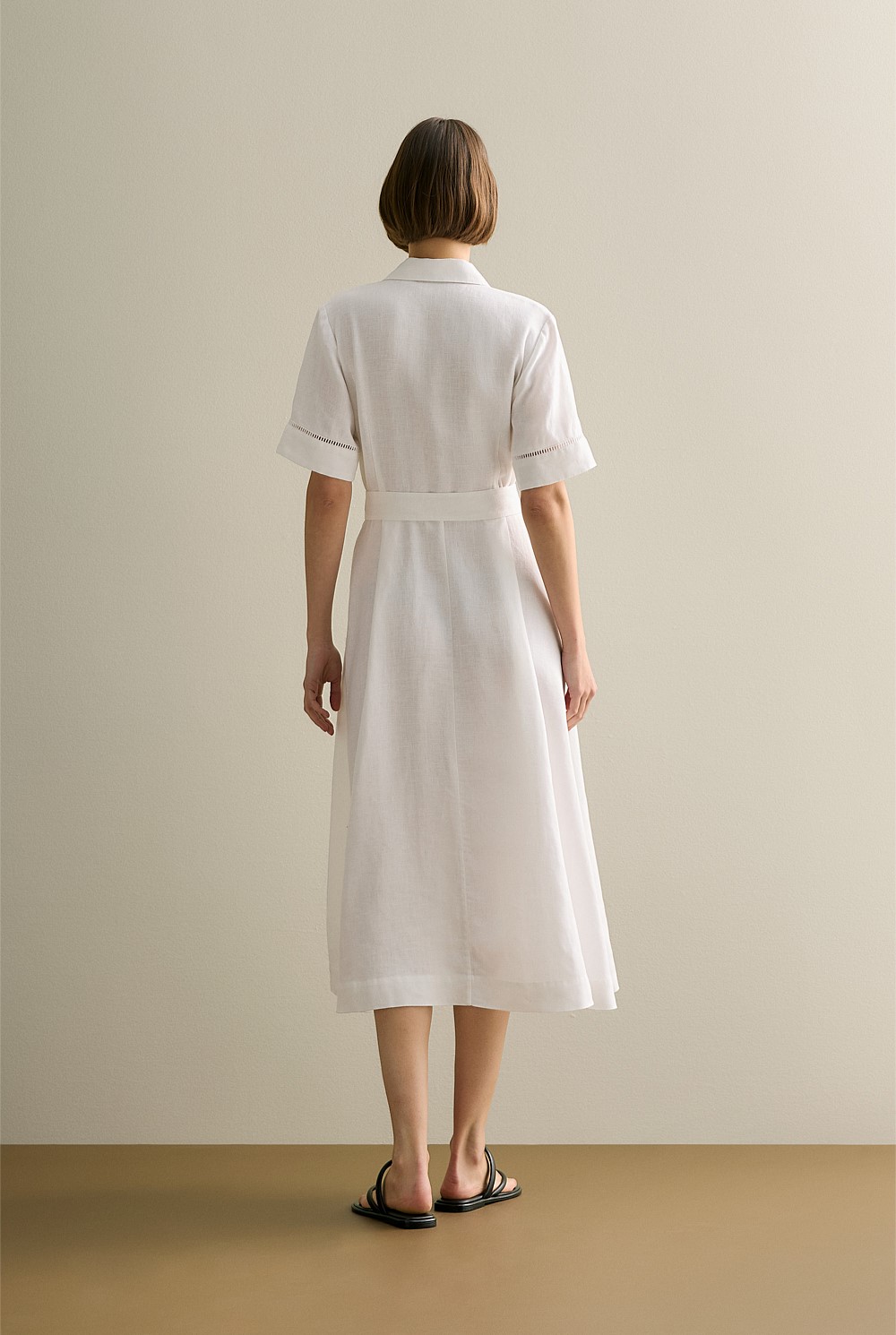 Linen Ladder Stitch Detail Short Sleeve Dress