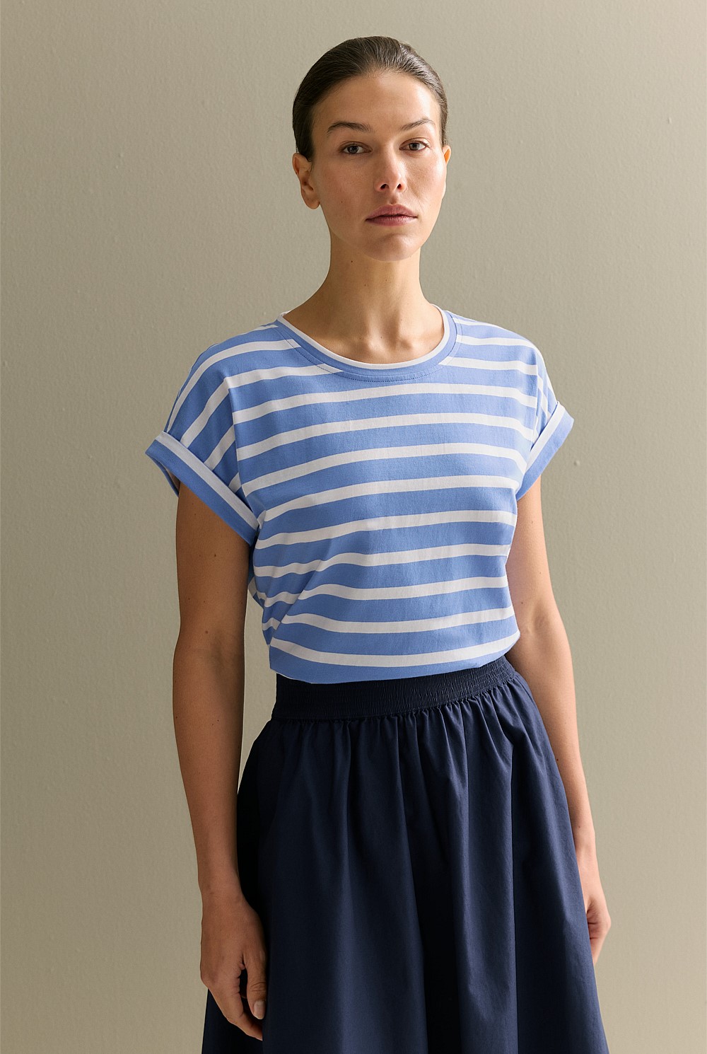 Pima Cotton Stripe Cuff Detail T-shirt